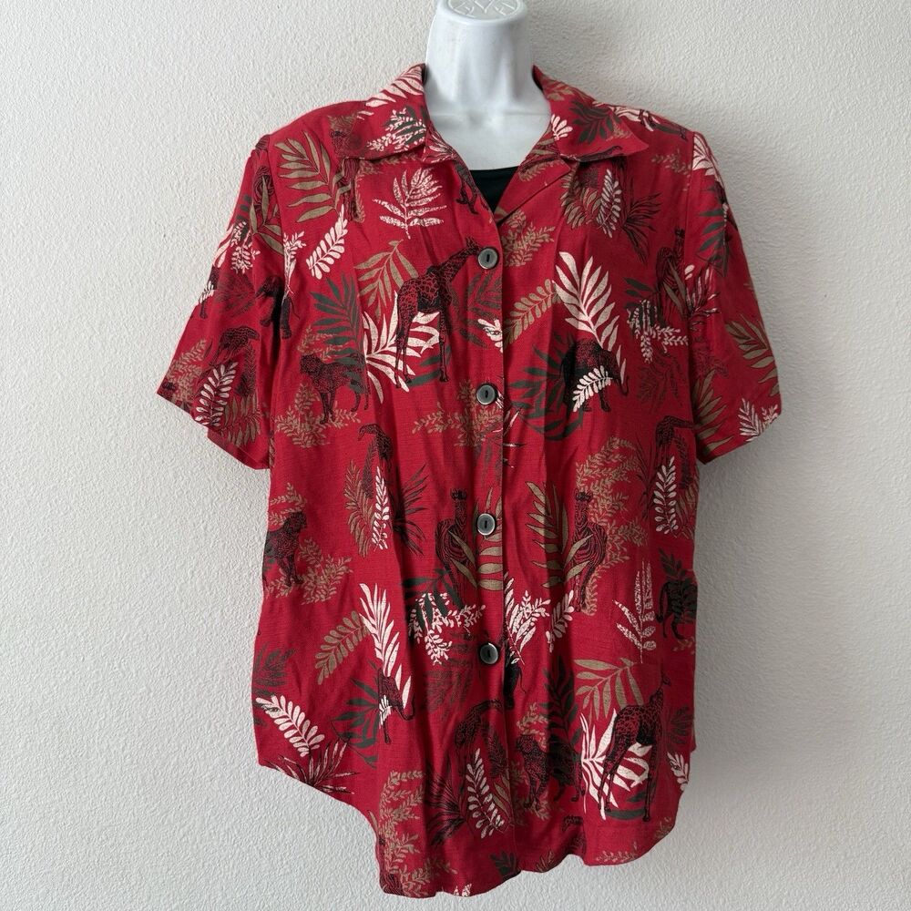 VTG Gloria Lance Red Safari Shirt Women’s 1X Attached Tank Inset Cheetah Jungle